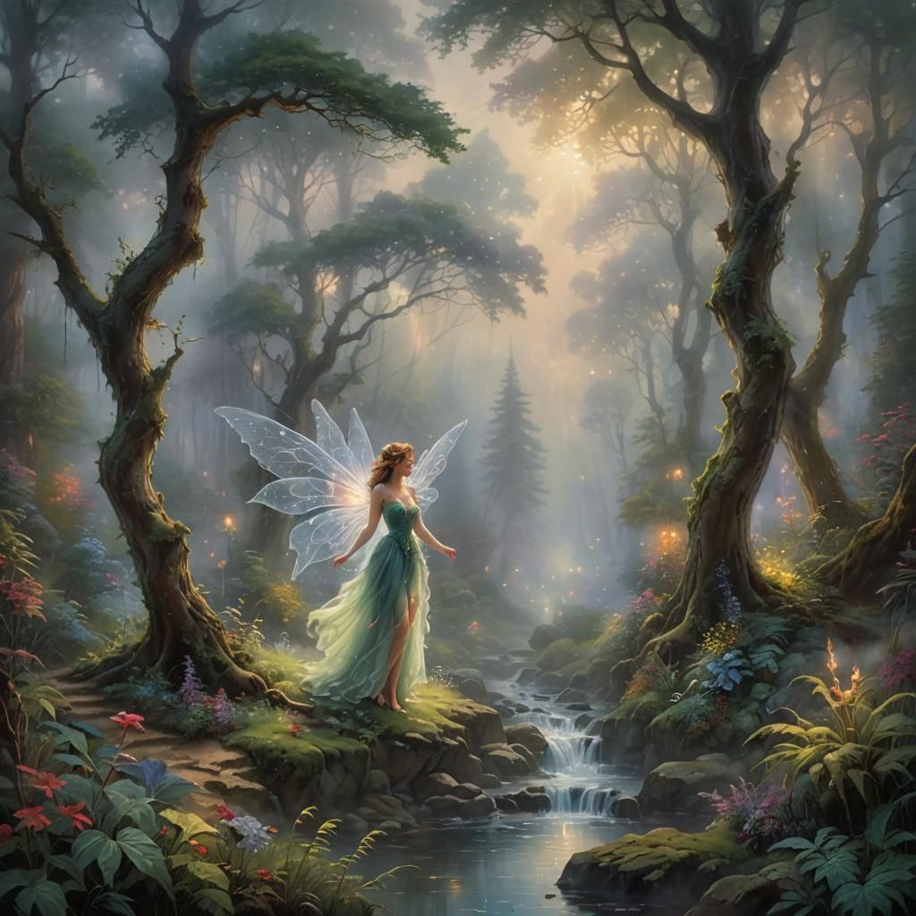 Ethereal Fairy in Misty Forest: A Fantasy Scene