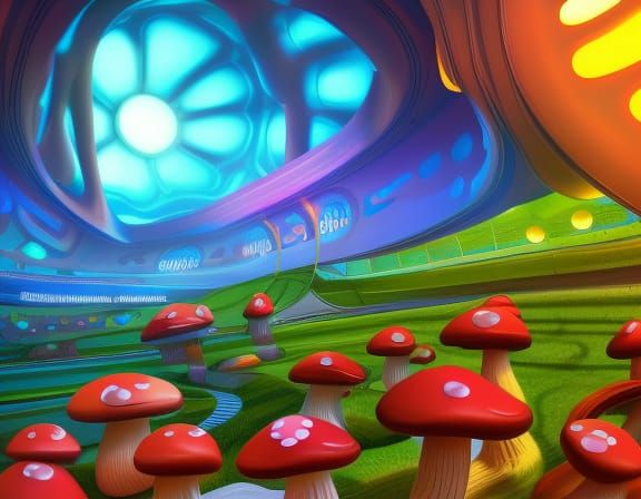 mushroom speedway concept art, 3d digital art, Maya 3D, ZBrush Central 3D shading, bright colored background, radial gra...