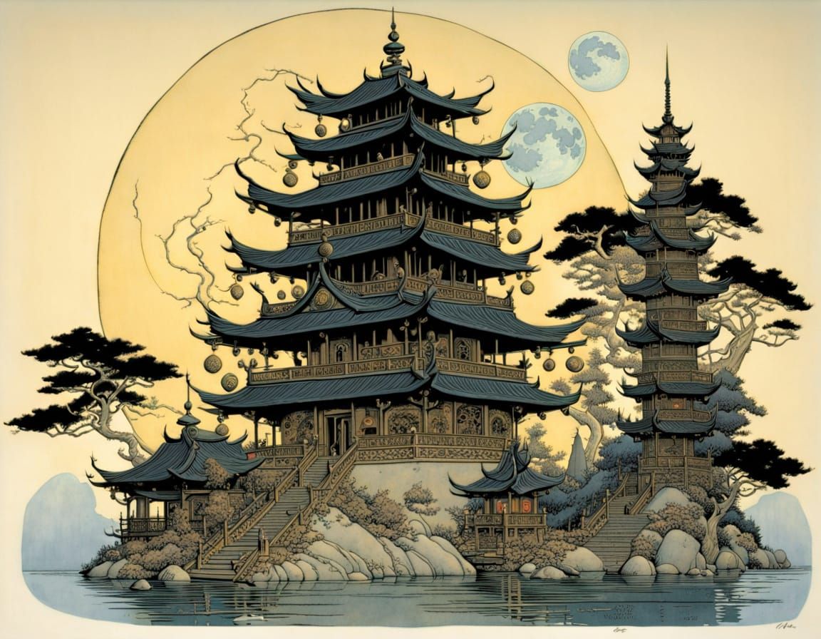 Moonlit Pagoda in Intricate Storybook Style
