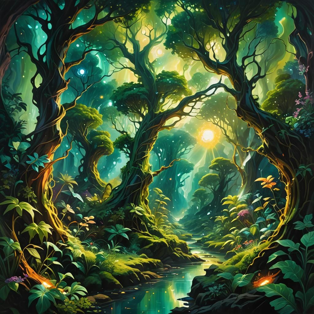 Surreal Landscape with Glowing Portals as Oil Painting