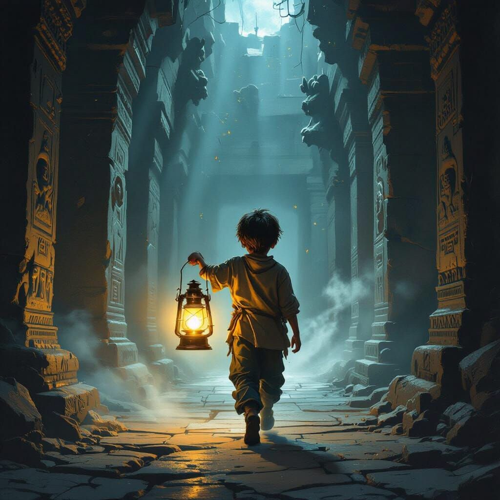 Boy with Lantern Explores Ancient Temple Corridor