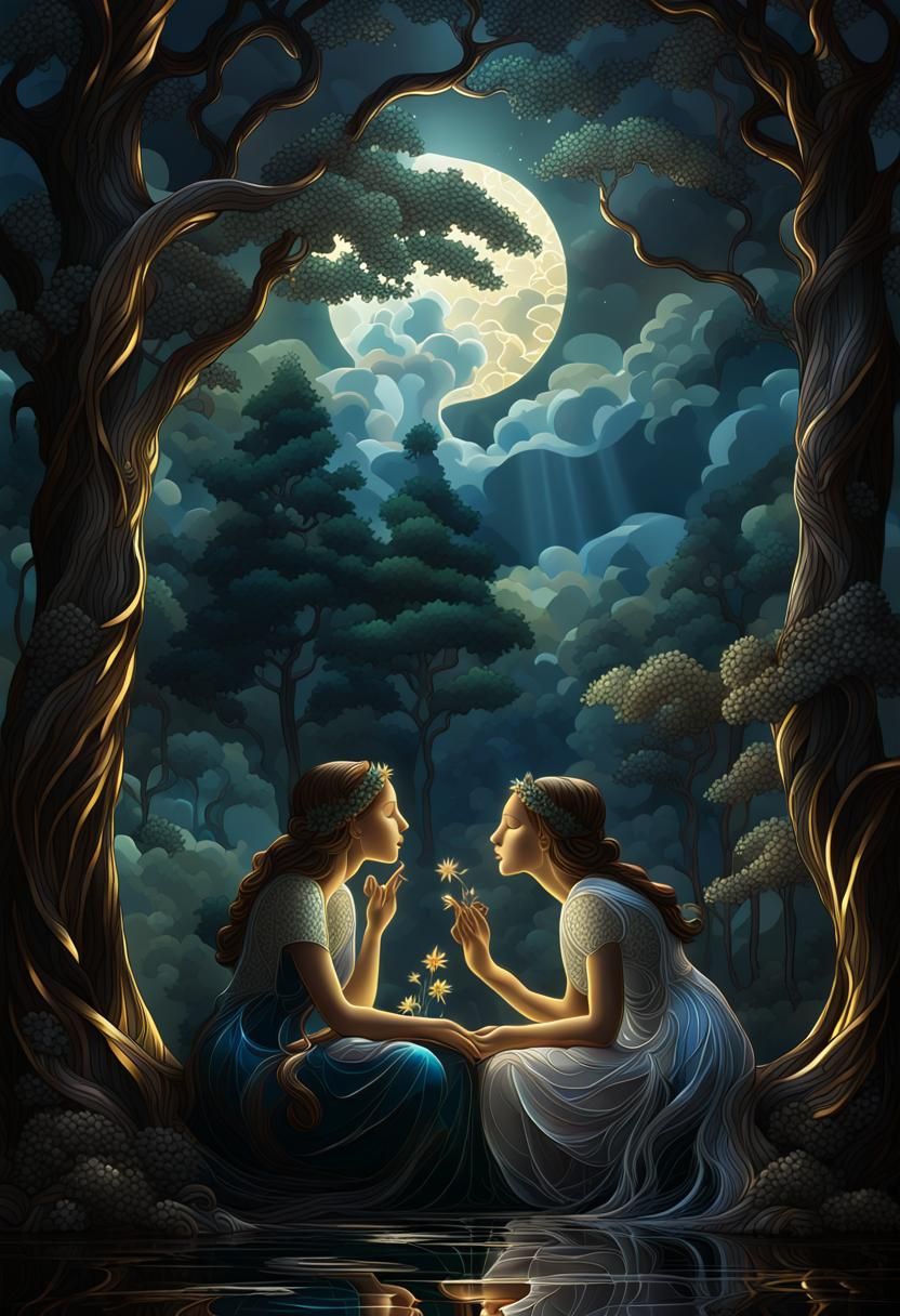 Sisters' Secrets: Tiffany Stained Glass Night Scene