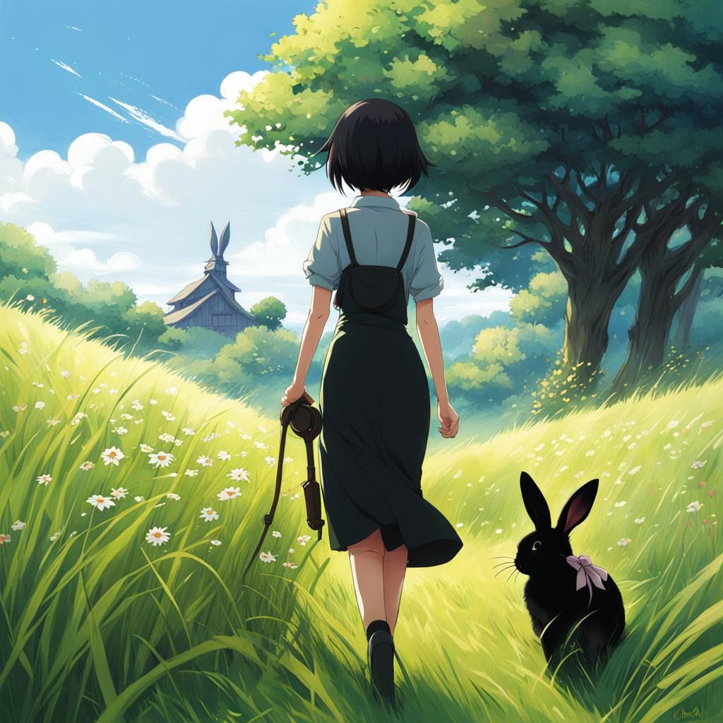 Woman and Rabbit in Anime Style Field