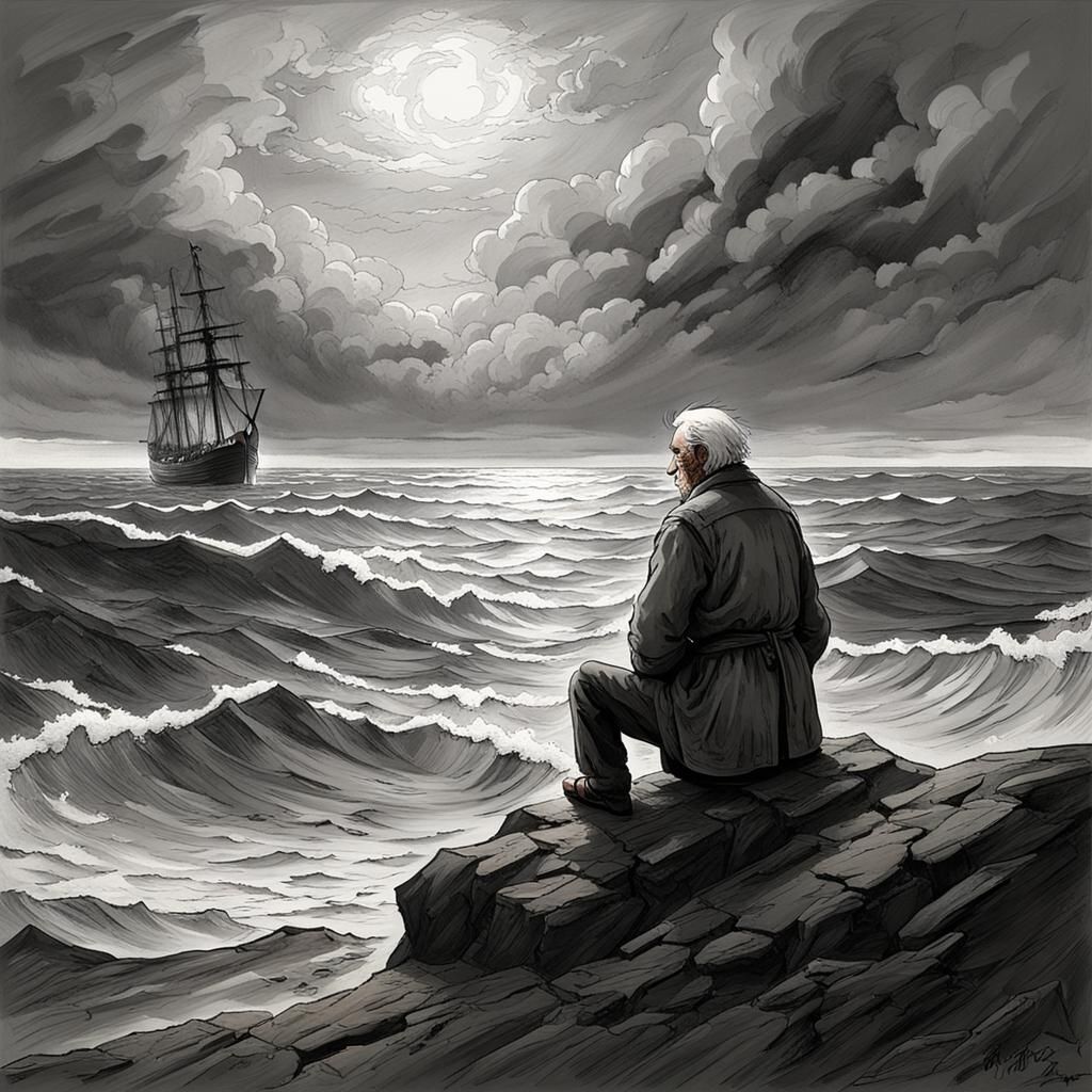 Old Man Gazing at Seashore Horizon