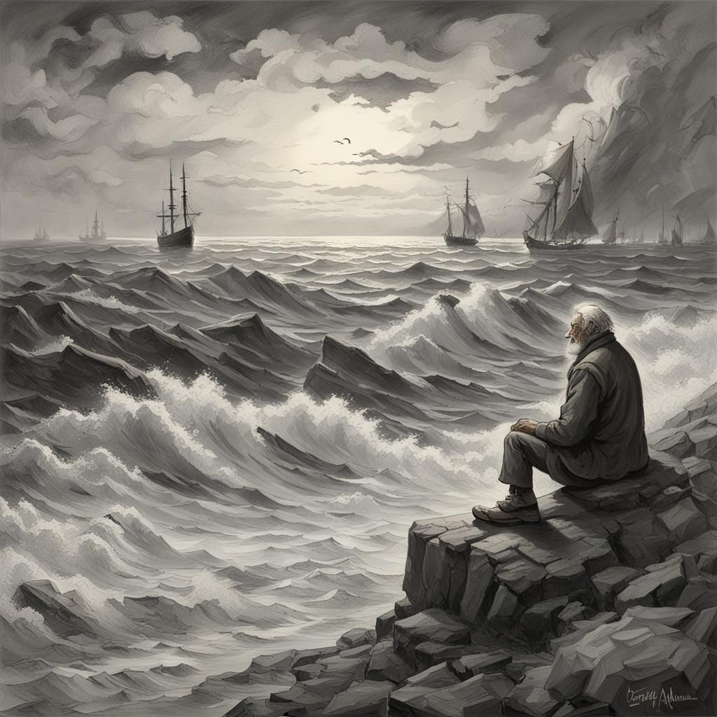 Old Man Gazing at Seashore on Tempest Island