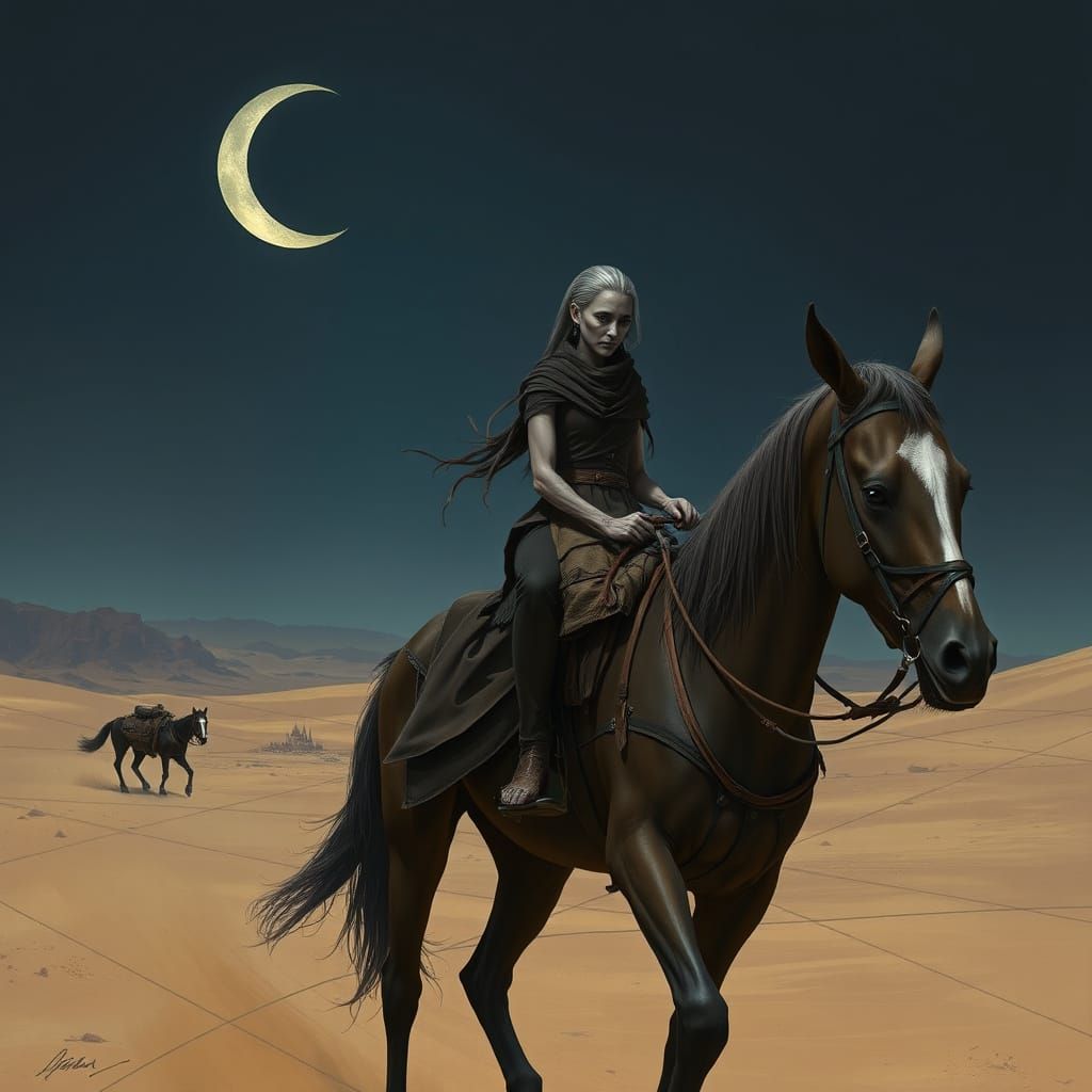 Desert Rider at Night in Dramatic Lighting