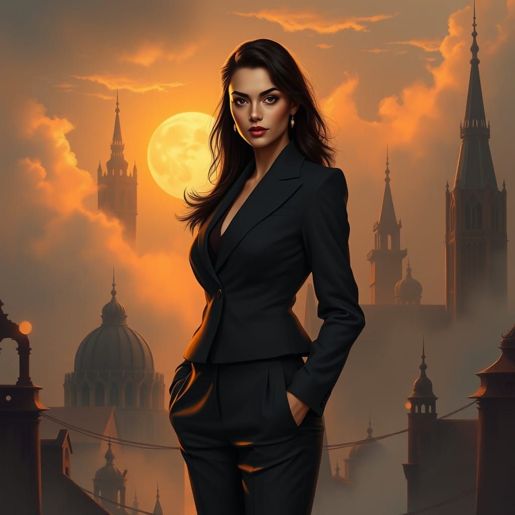 Secretary in Mystical Cityscape, Concept Art Style