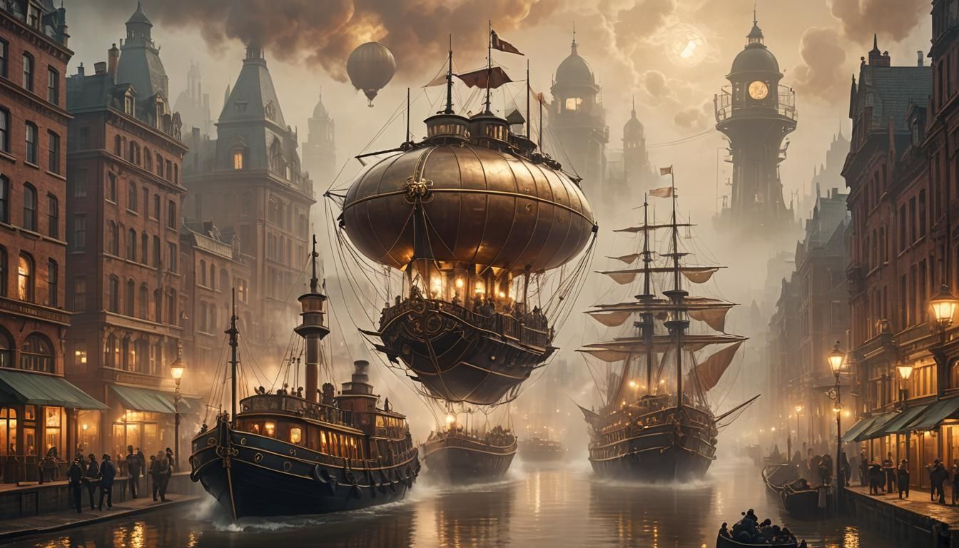 Victorian Steampunk Airships Over Foggy City River
