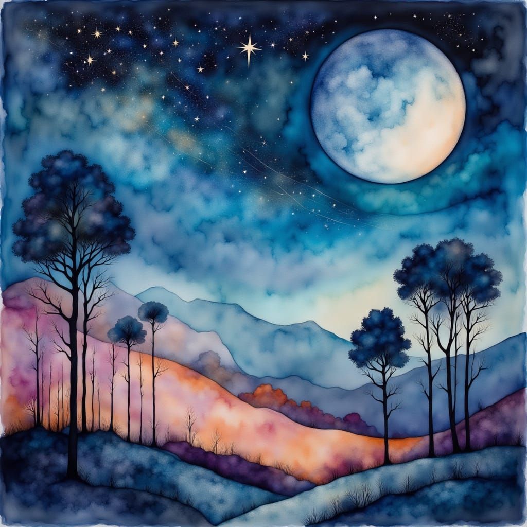 Whimsical Lunar Scene in Neo-Impressionist Style