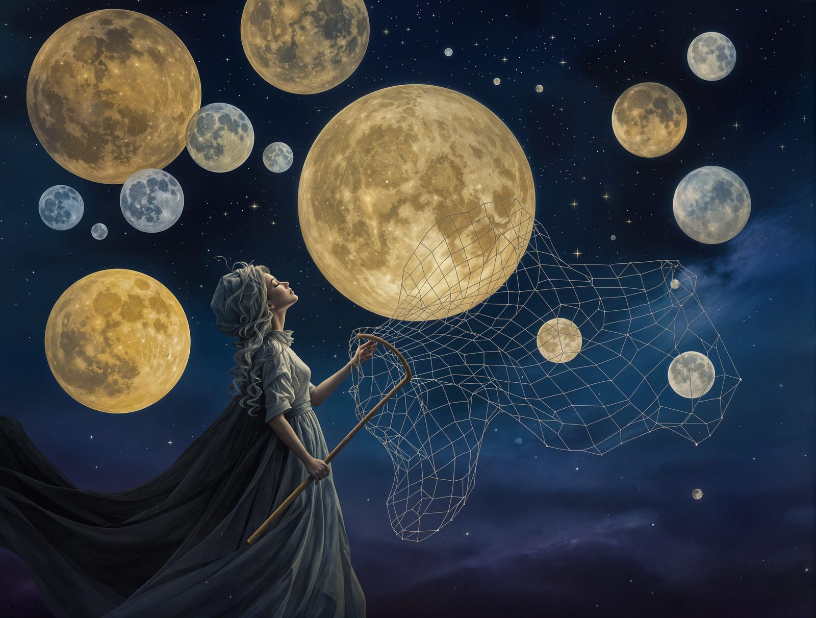 Surreal Collector of Celestial Bodies in a Dreamlike Night S...