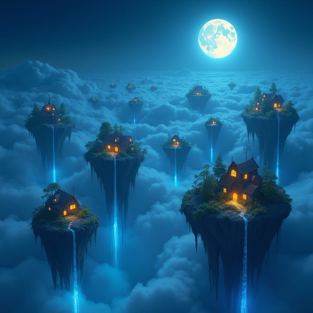 Floating Isles Under Full Moon: Whimsical Concept Art
