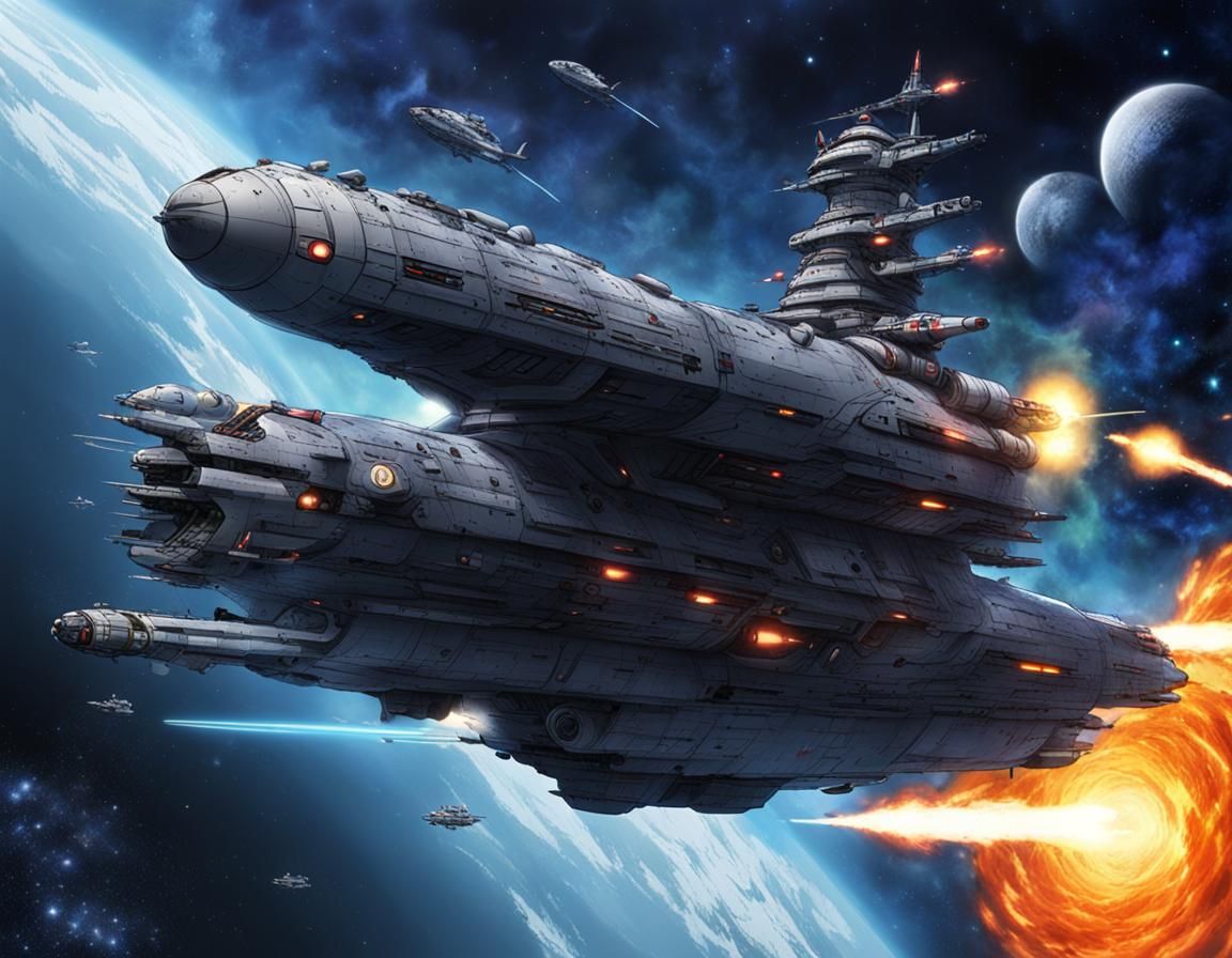 Yamato Battleship in Anime Style Space Battle
