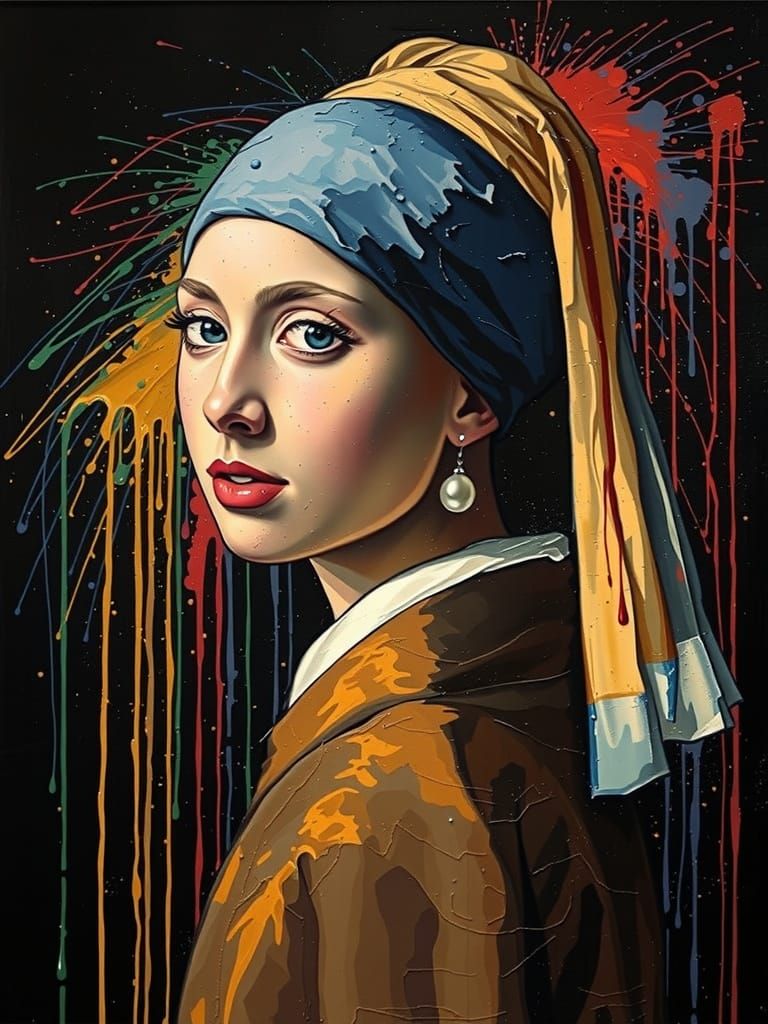 Girl with a Pearl Earring Evolved in Dripping Paint