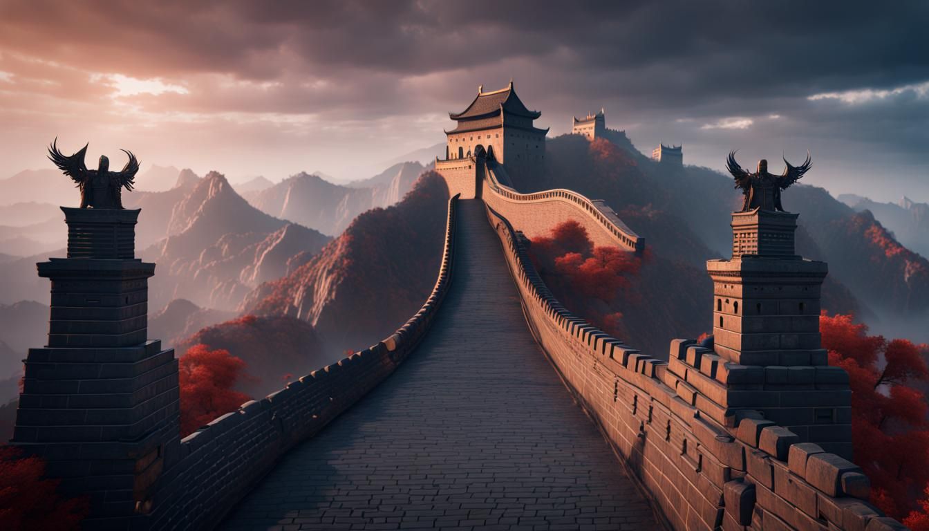 Futuristic Great Wall with Gothic Statues