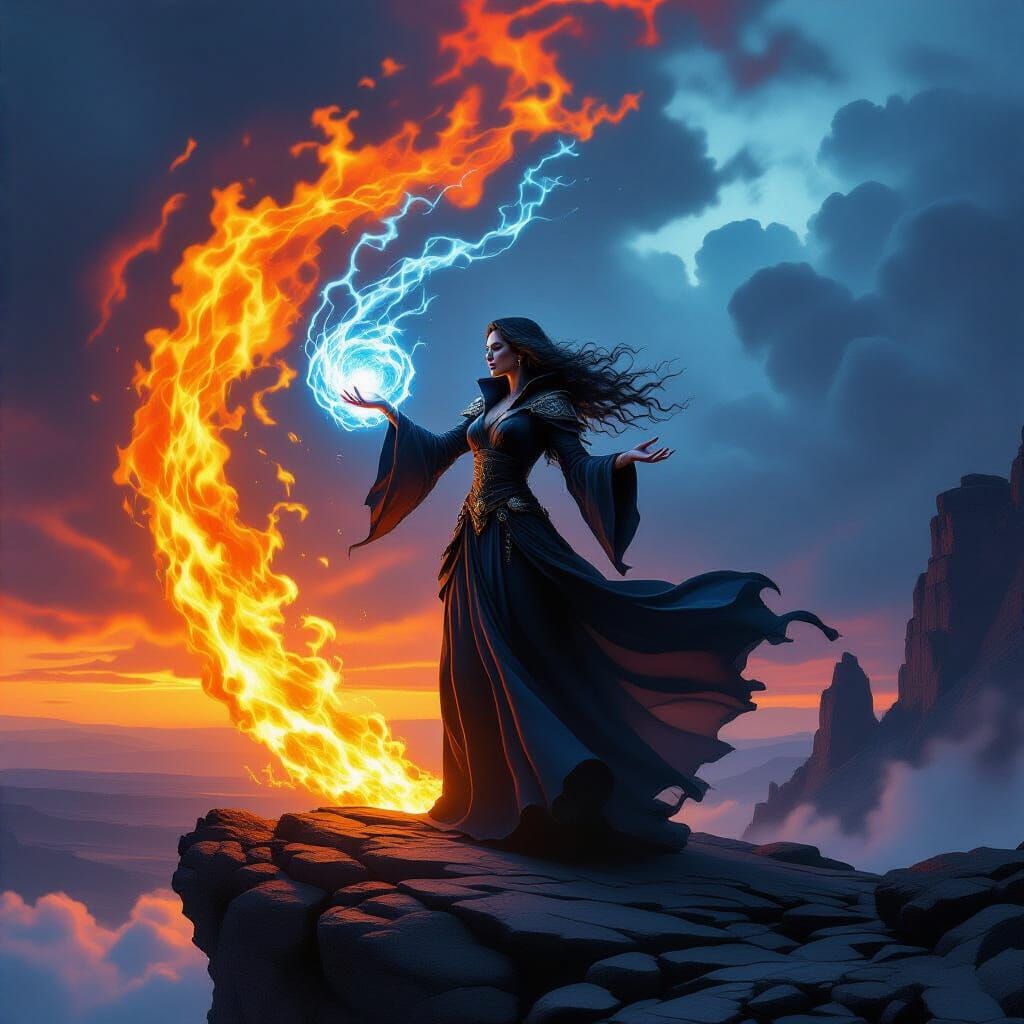 Sorceress Summons Fire and Ice Storm in Ancient Landscape