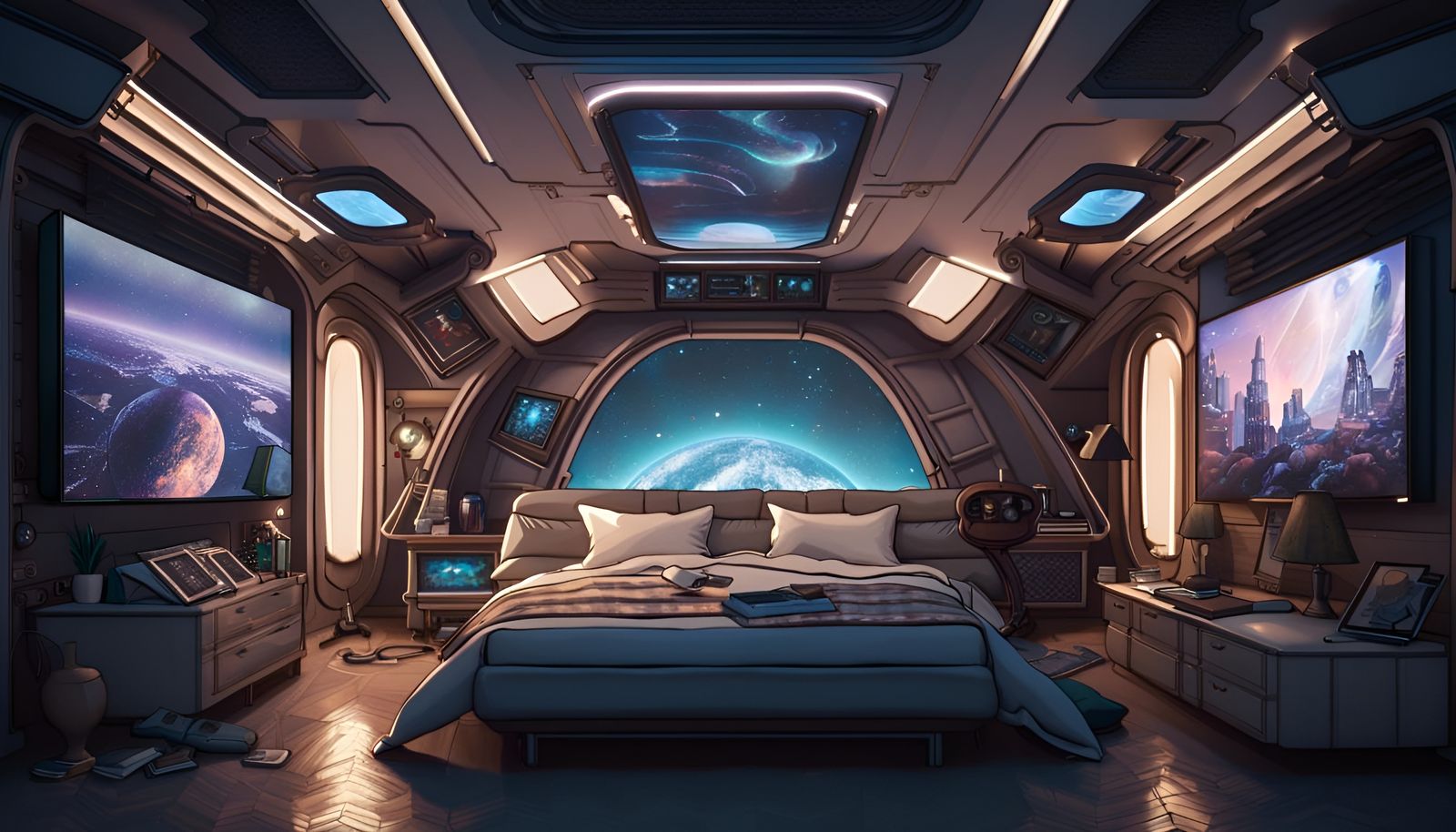 Hyperdetailed Spaceship Bedroom with Large Screen TV