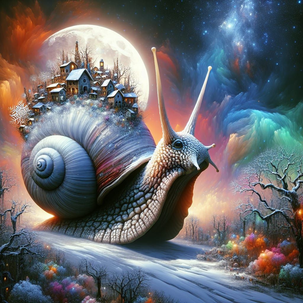 Giant Snail Carries Tiny Village: 3D Hyperrealism