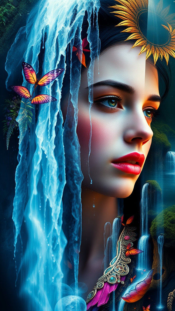 Waterfall Woman Portrait in Realism Style