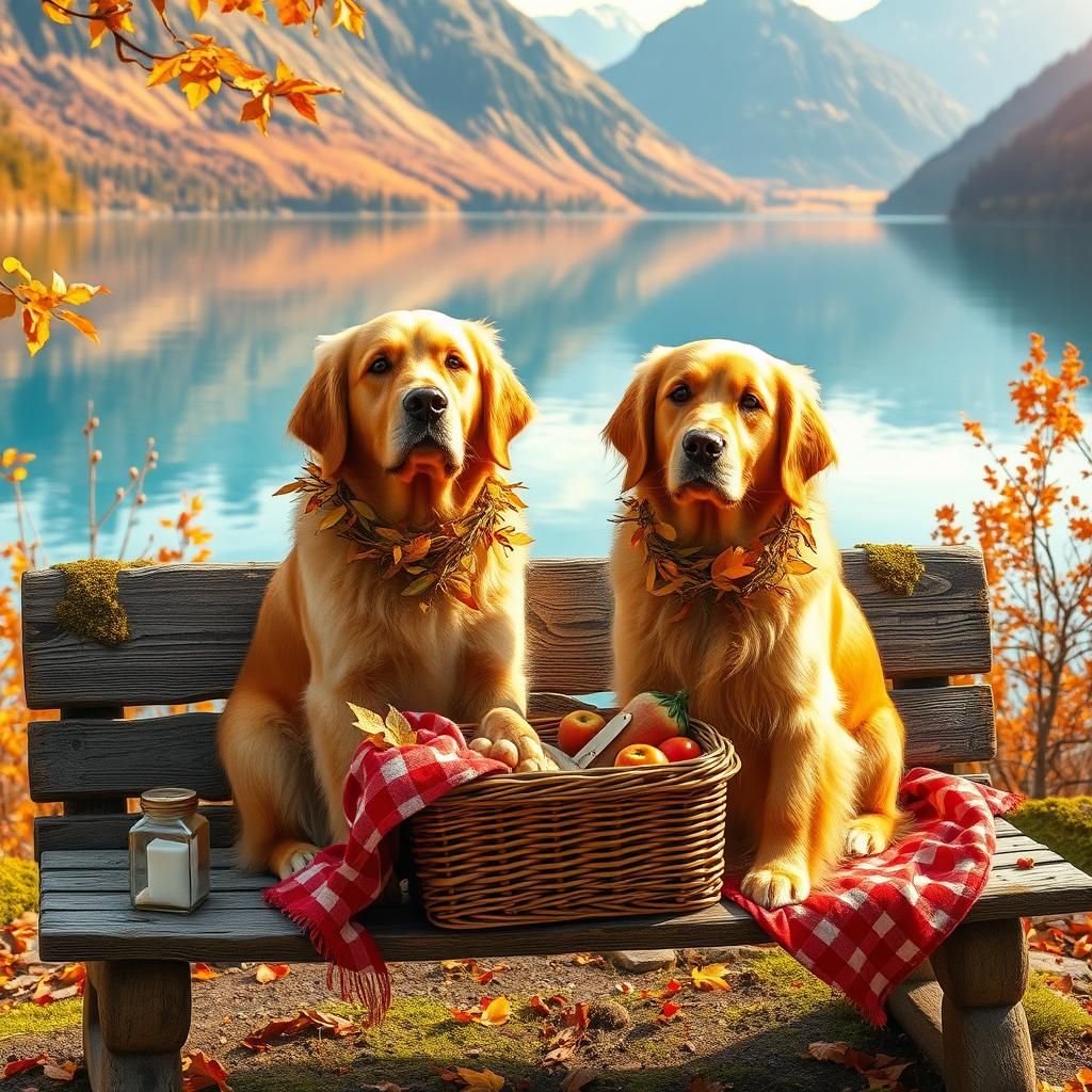 Golden Retrievers' Autumn Picnic by Crystal Lake
