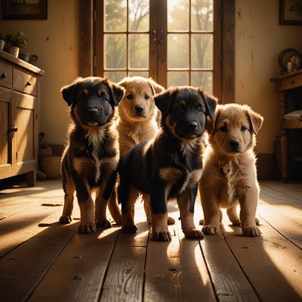 Four Shepherd Puppies Play Together in Warm Cinematic Light