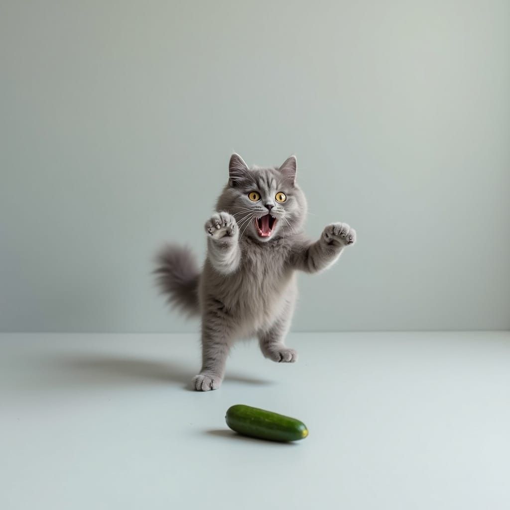 Scared Fluffy Cat Jumps Over Cucumber