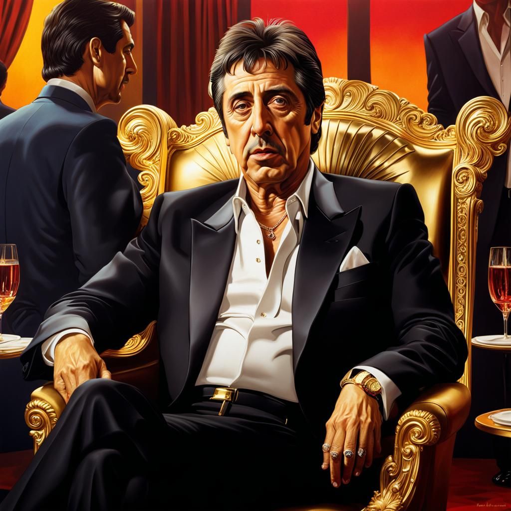 Hyperrealistic Portrait in Gold Chair, Splash Art