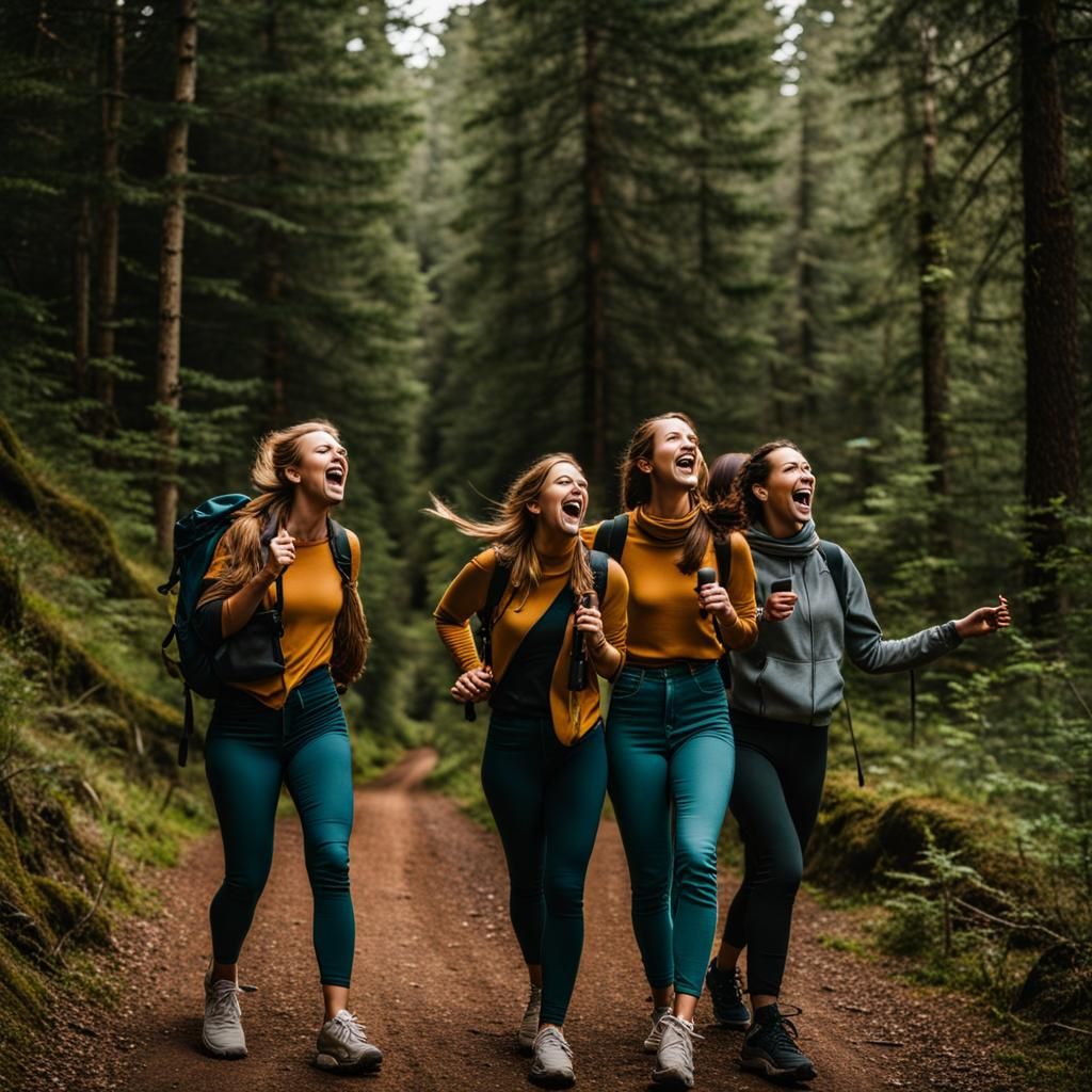 Friends Hiking, Singing, and Laughing on Trail