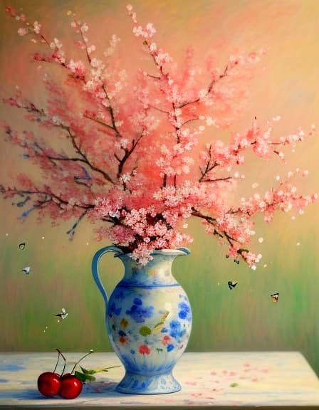 Cherries, Blossoms, Bee and Butterfly in Sunlight