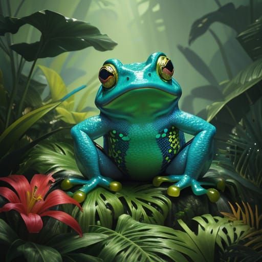 Vibrant 3D Frog with Drink in Tropical Oasis