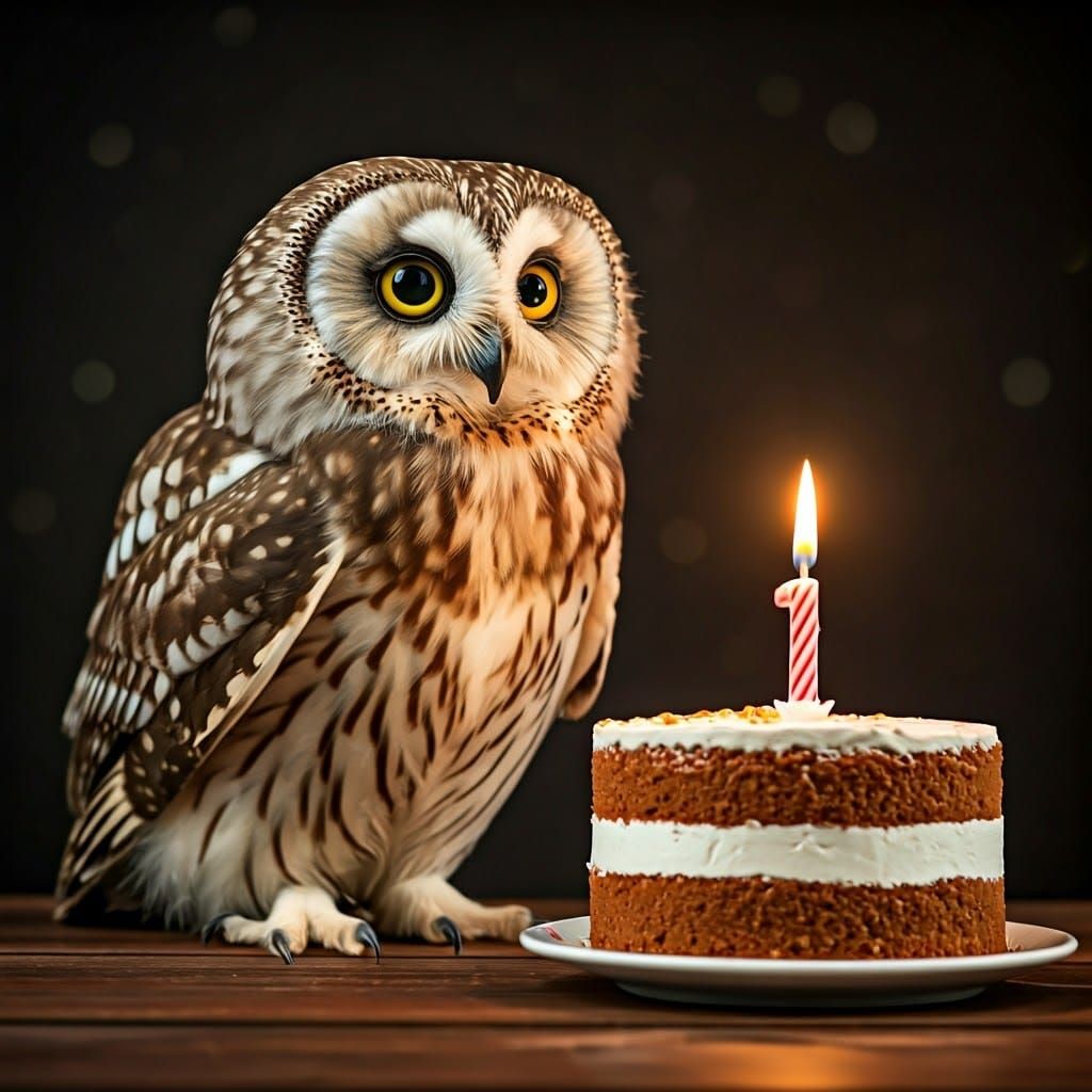Whimsical Owl Surrounded by Birthday Cake in Warm Light