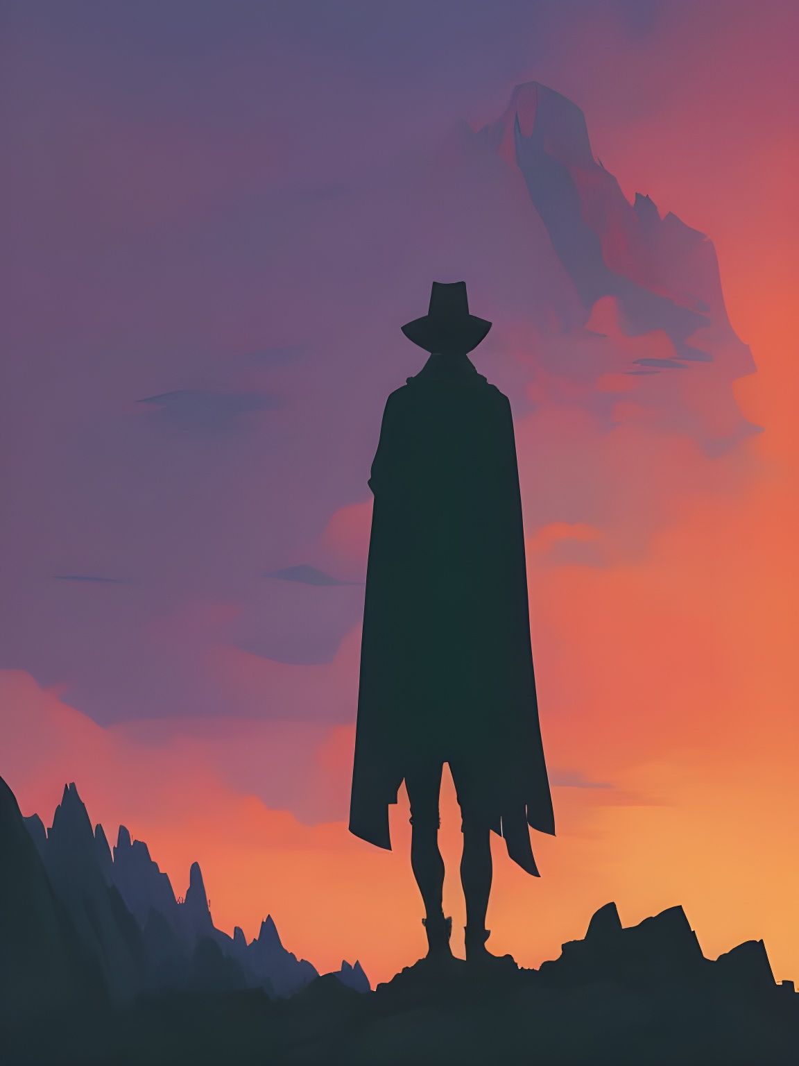 Mysterious Figure on Mountain in Expressionist Style