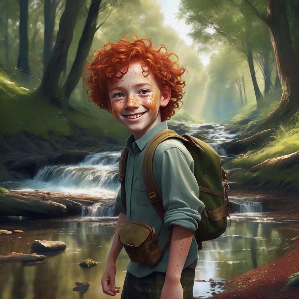 Hyperrealistic Portrait of Scottish Boy Playing by Creek