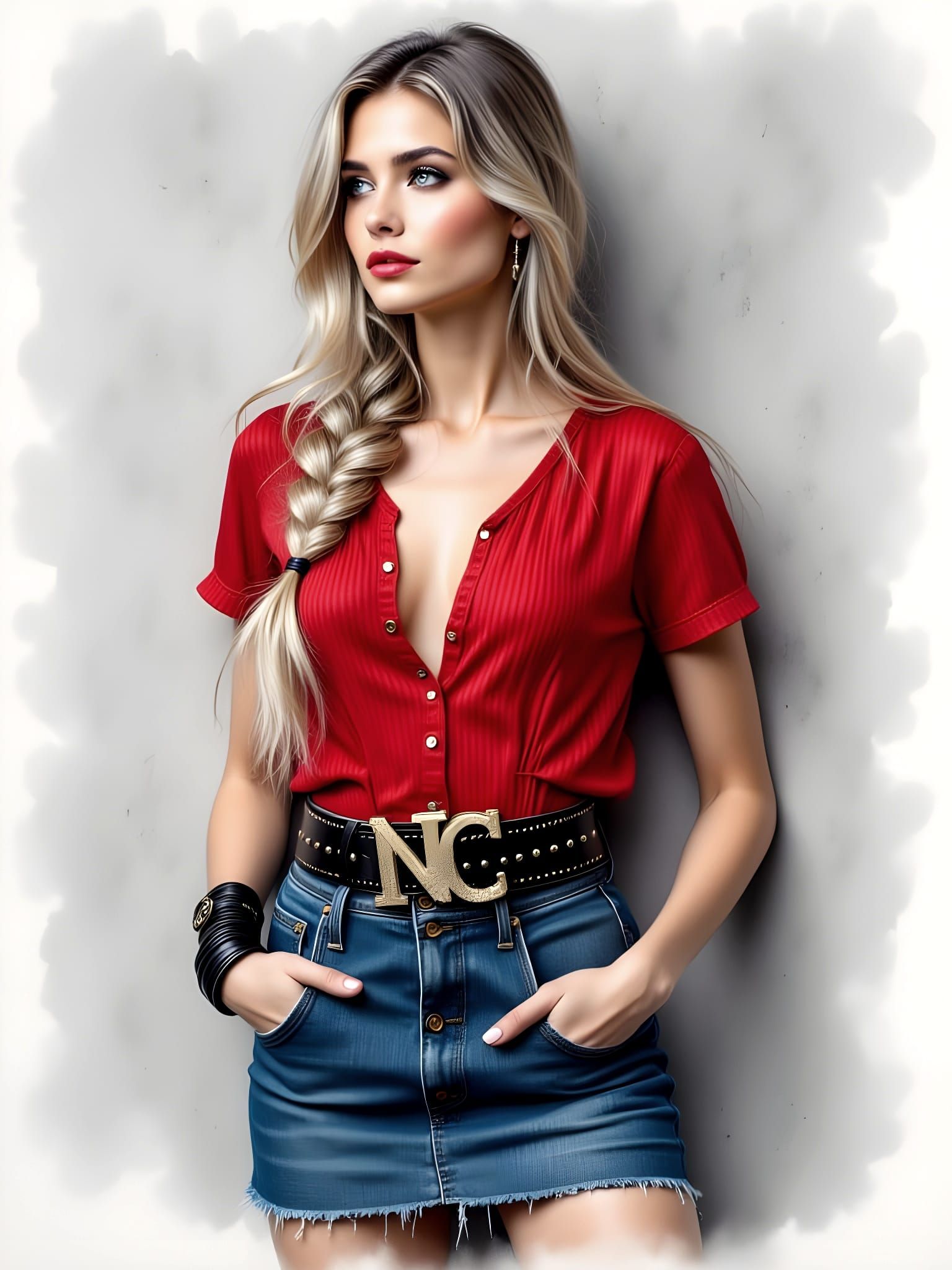 Sophisticated Blonde Woman in Red Blouse and Blue Mini Skirt