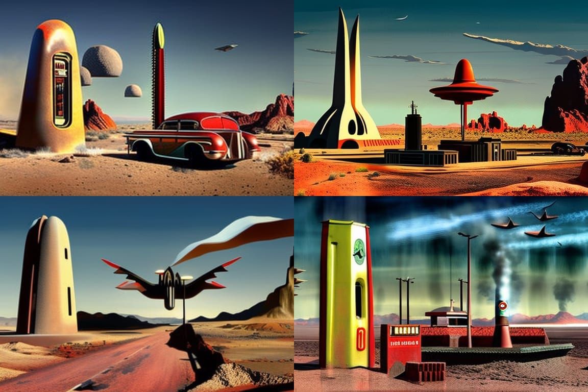 Post-Apocalyptic Alien Invasion at 1950s Desert Gas Station