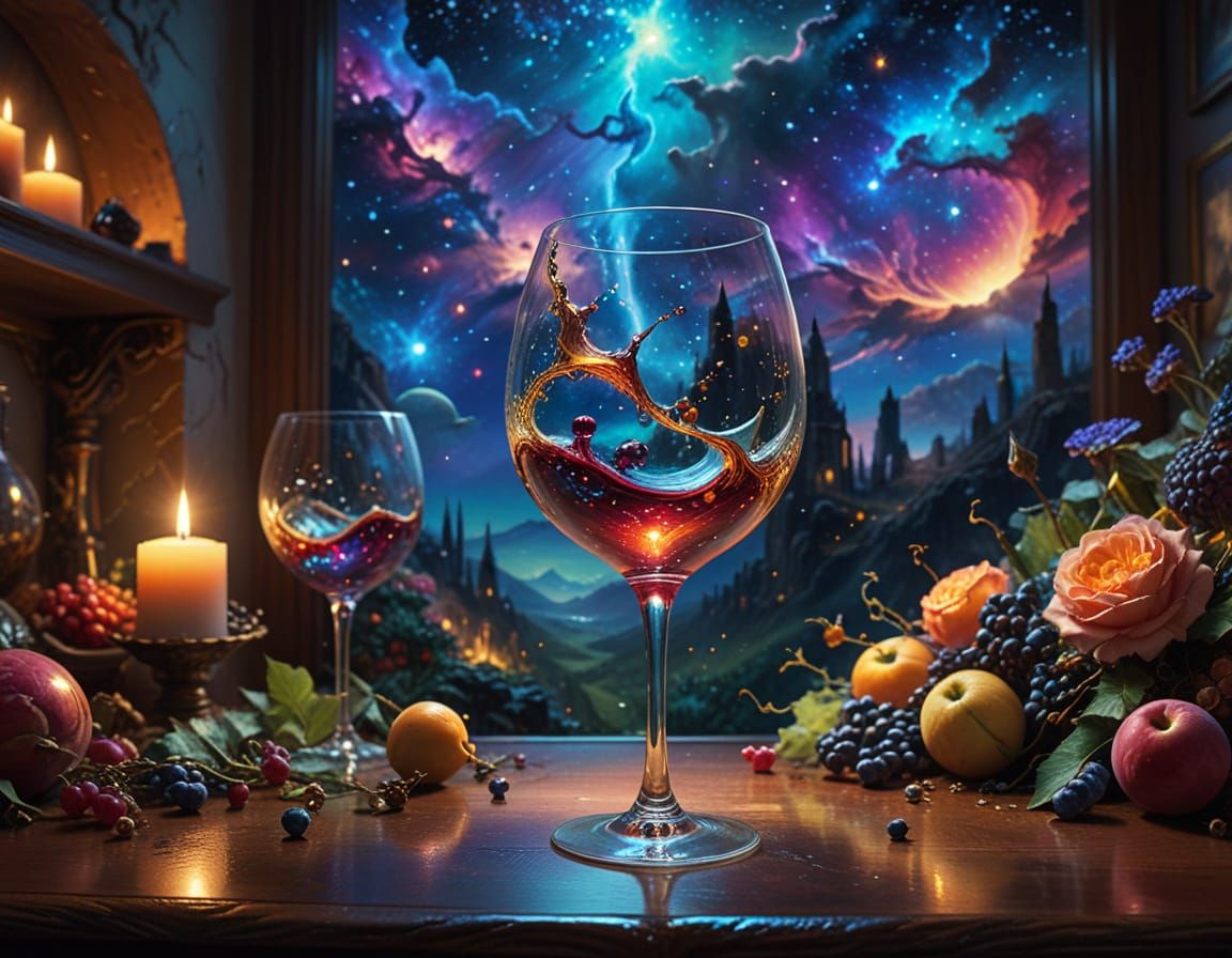 Hyper-Realistic Astral Wine Glass in a Mystical Setting