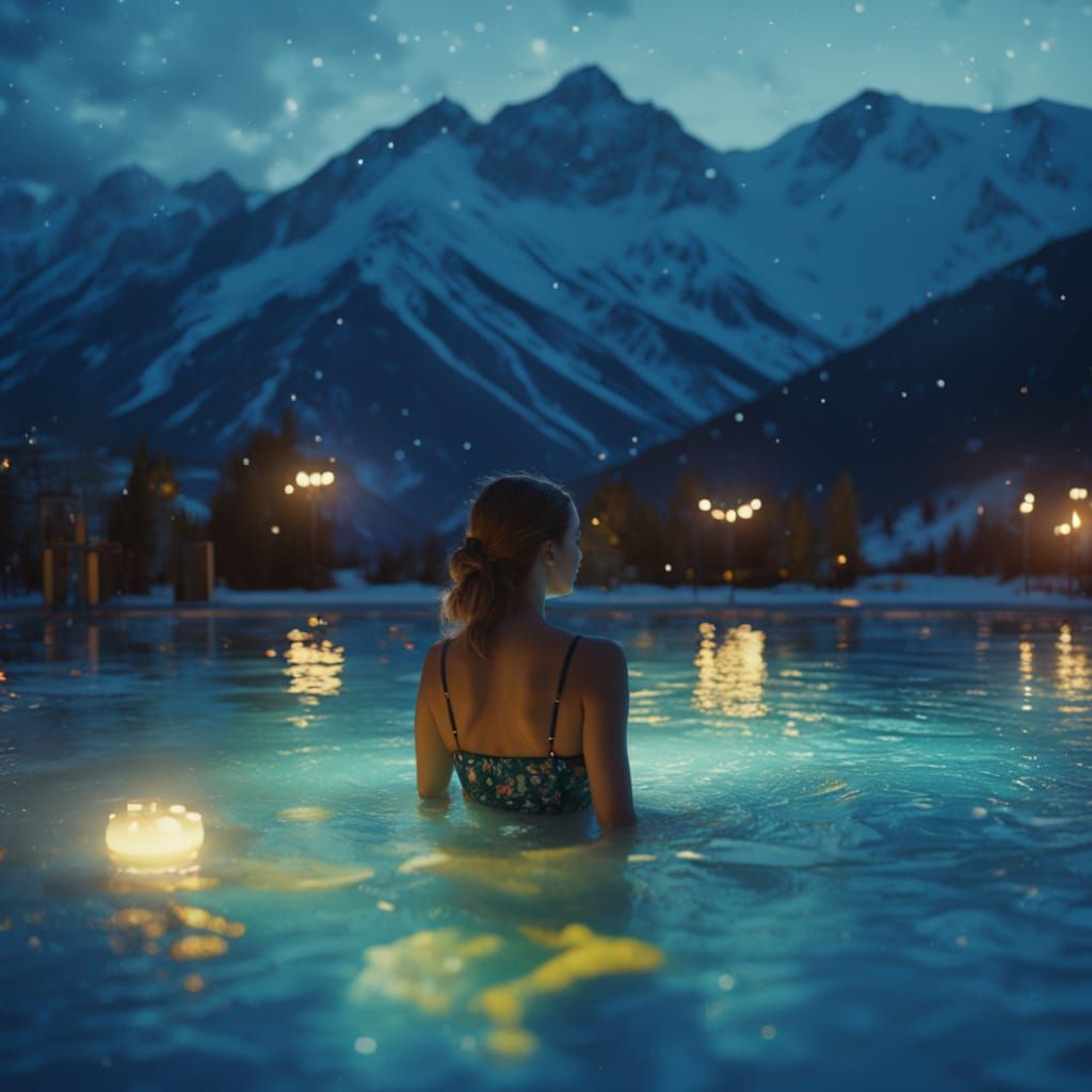 Woman in Snowy Pool at Night in Oil Painting Style