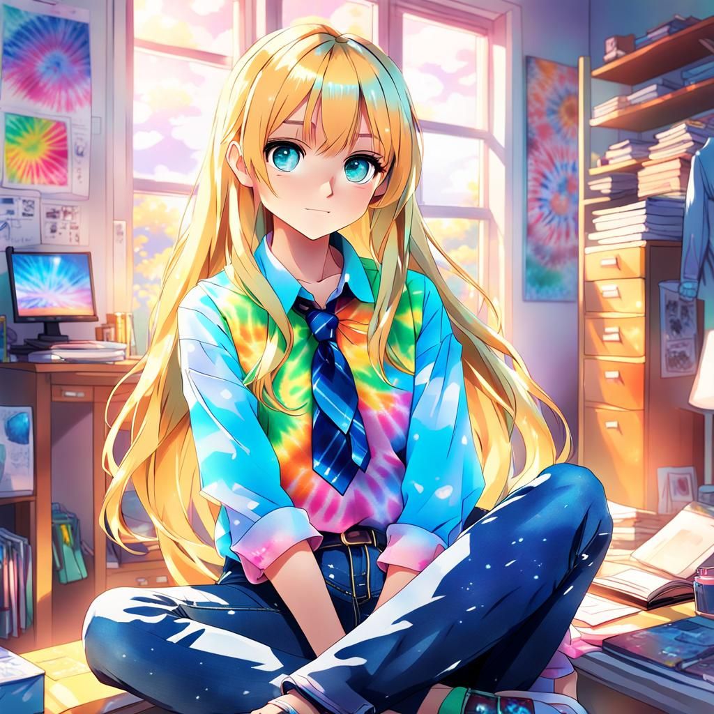 Anime Girl Portrait in Tie Dye, Digital Art
