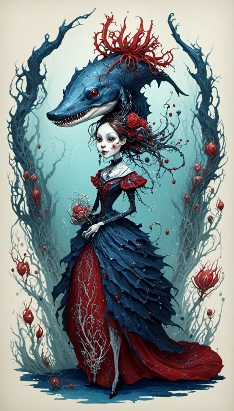 Anthropomorphic Megalodon Princess in Crimson Indigo Gradien...
