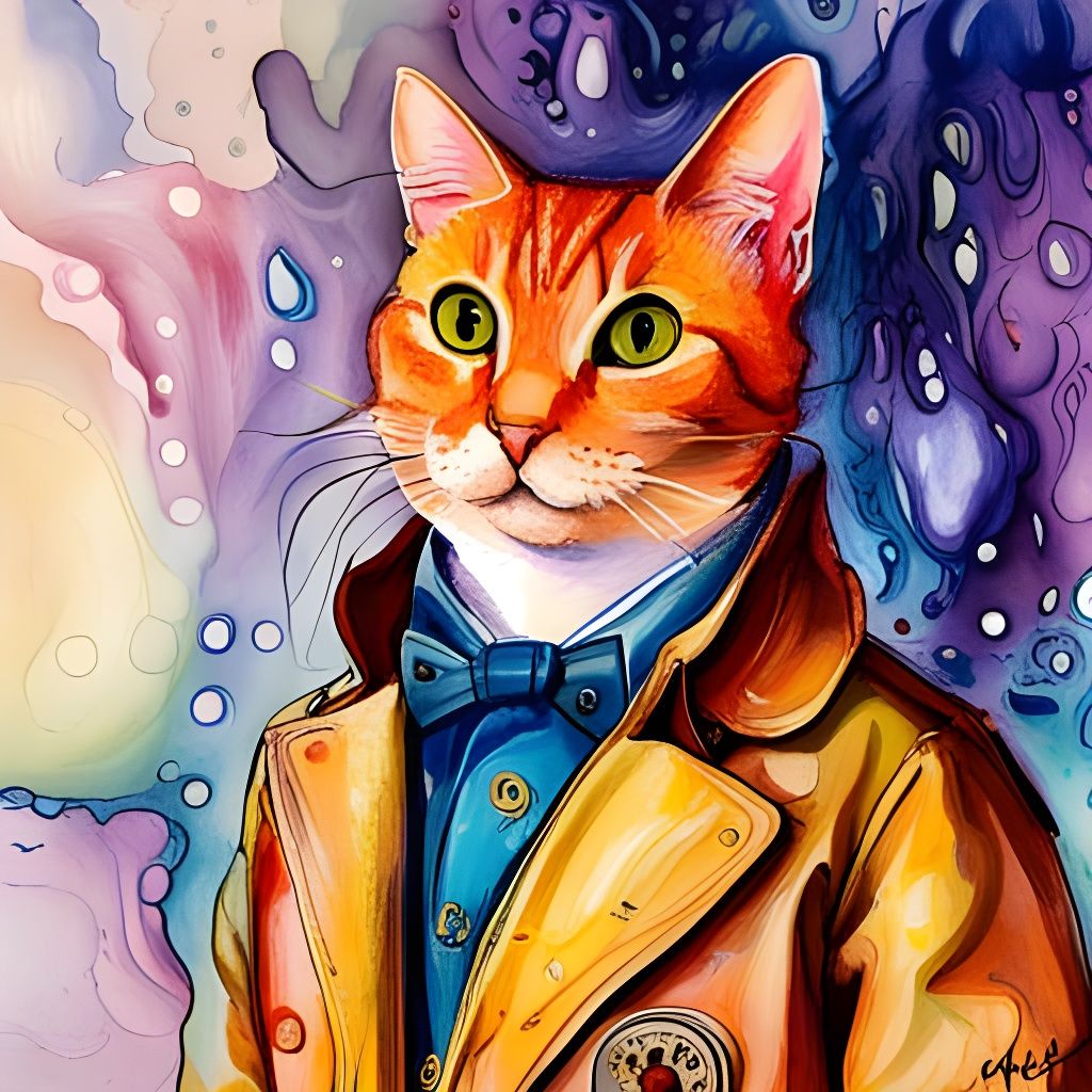 Cat in Duffel Jacket, Marbling and Splatter Art