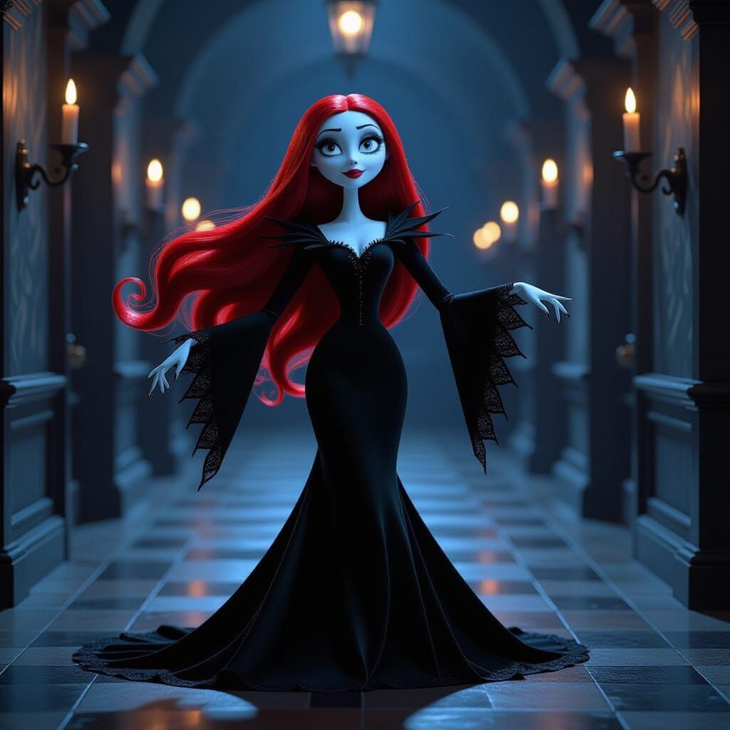 Sally's Gothic Ballet Pose in Candlelit Corridor