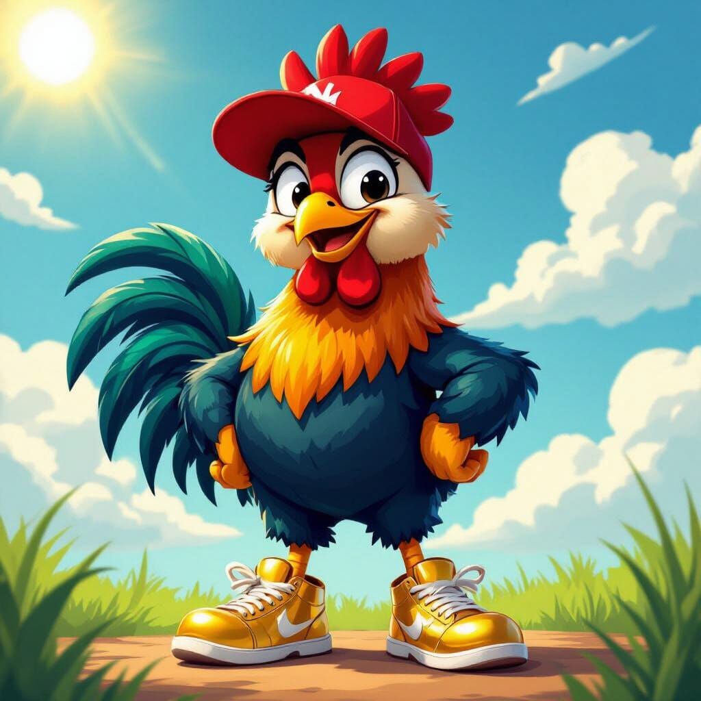 Confident Rooster Mascot in Disney-Pixar Style