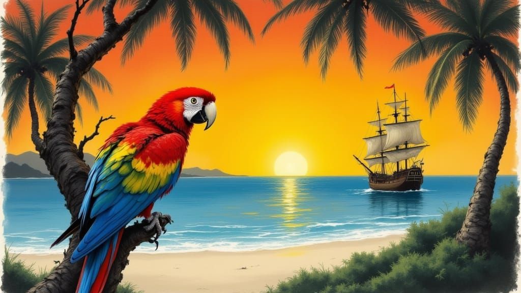 Vibrant Parrot Perched in a Tropical Sunset Scene
