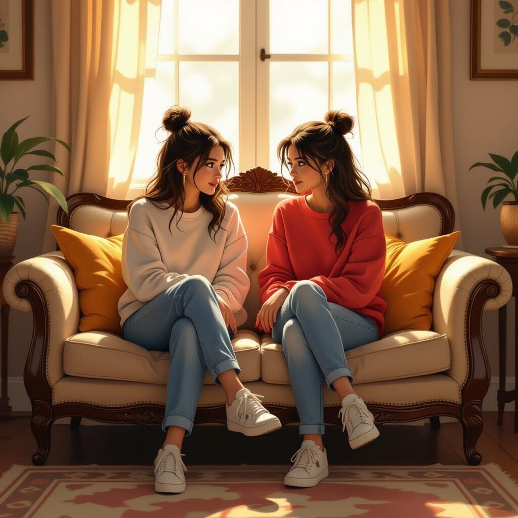 Girls Relaxing on Vintage Sofa in Warm Light