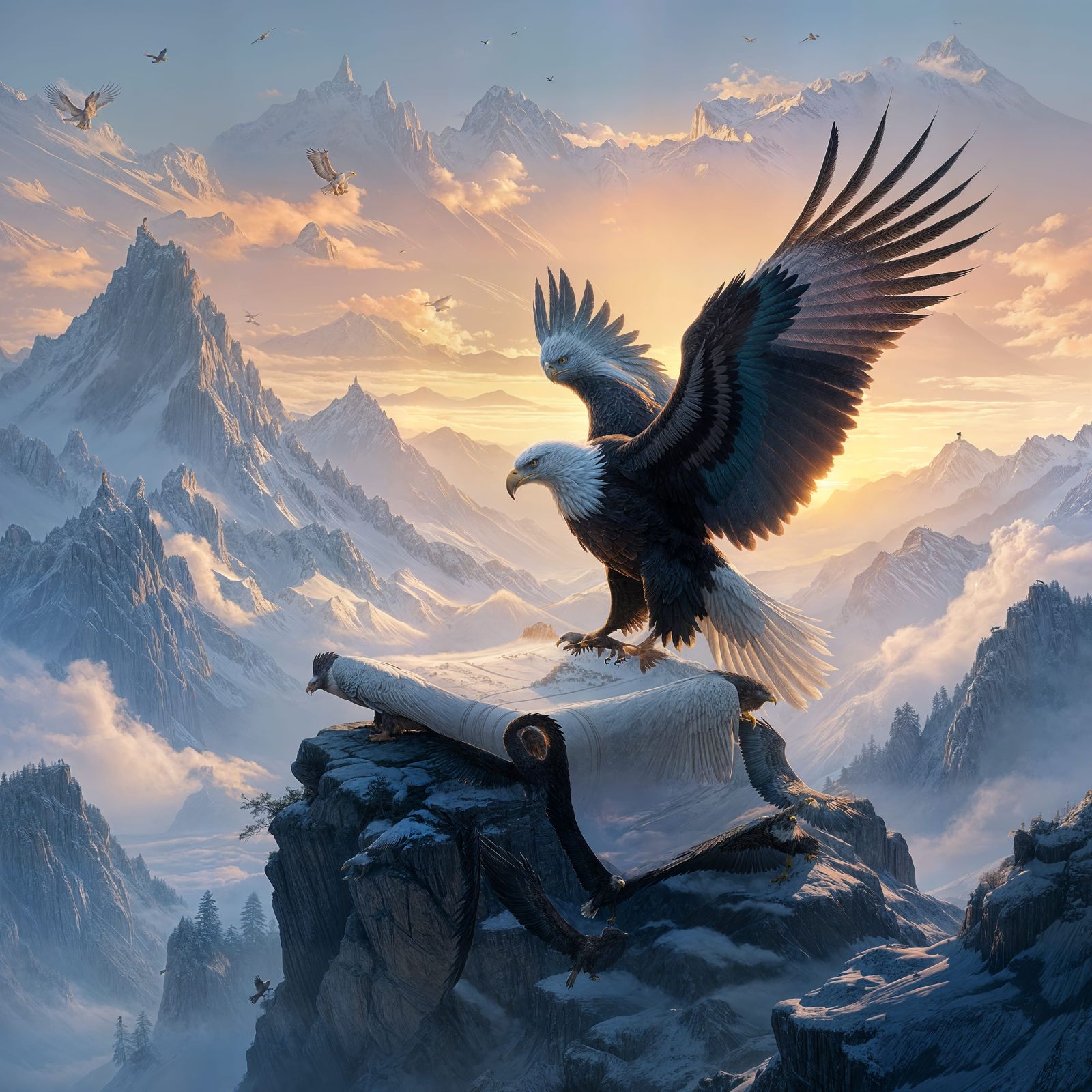 Eagle Practices Calligraphy on Mountaintop at Dawn in Concep...