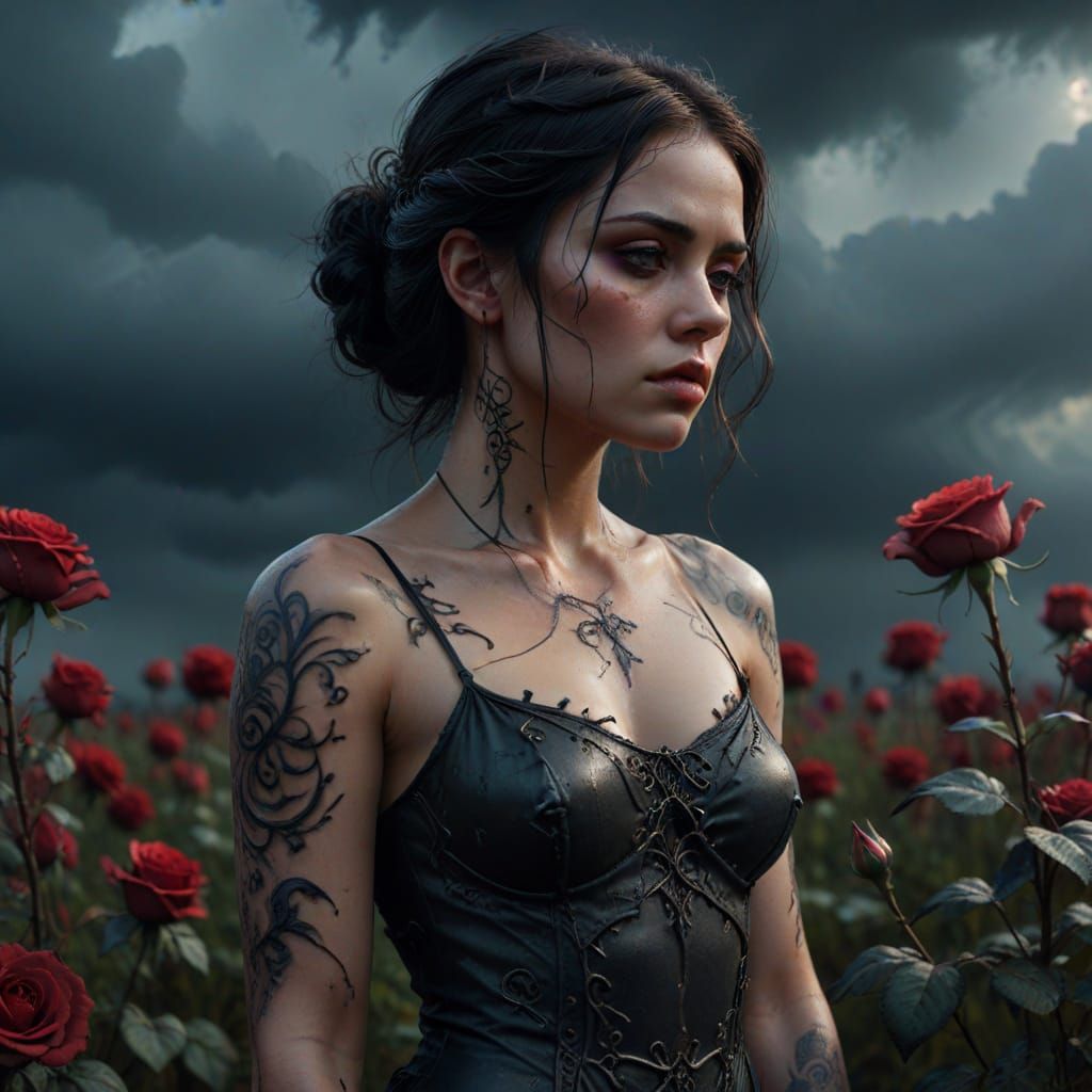 Ethereal Woman with Dark Tattoos in Wilting Rose Field