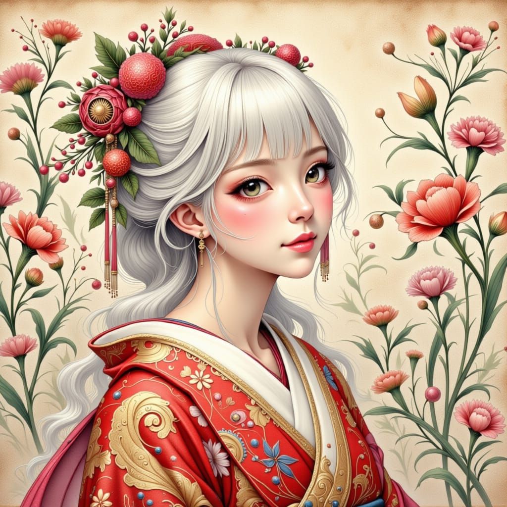 Sashiko Embroidery Portrait of a Young Woman