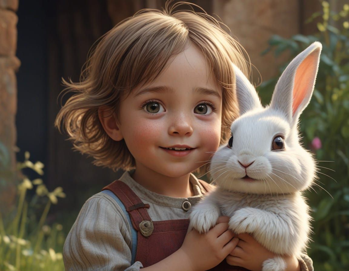 A Joyful Boy Receives a Whimsical Rabbit Companion