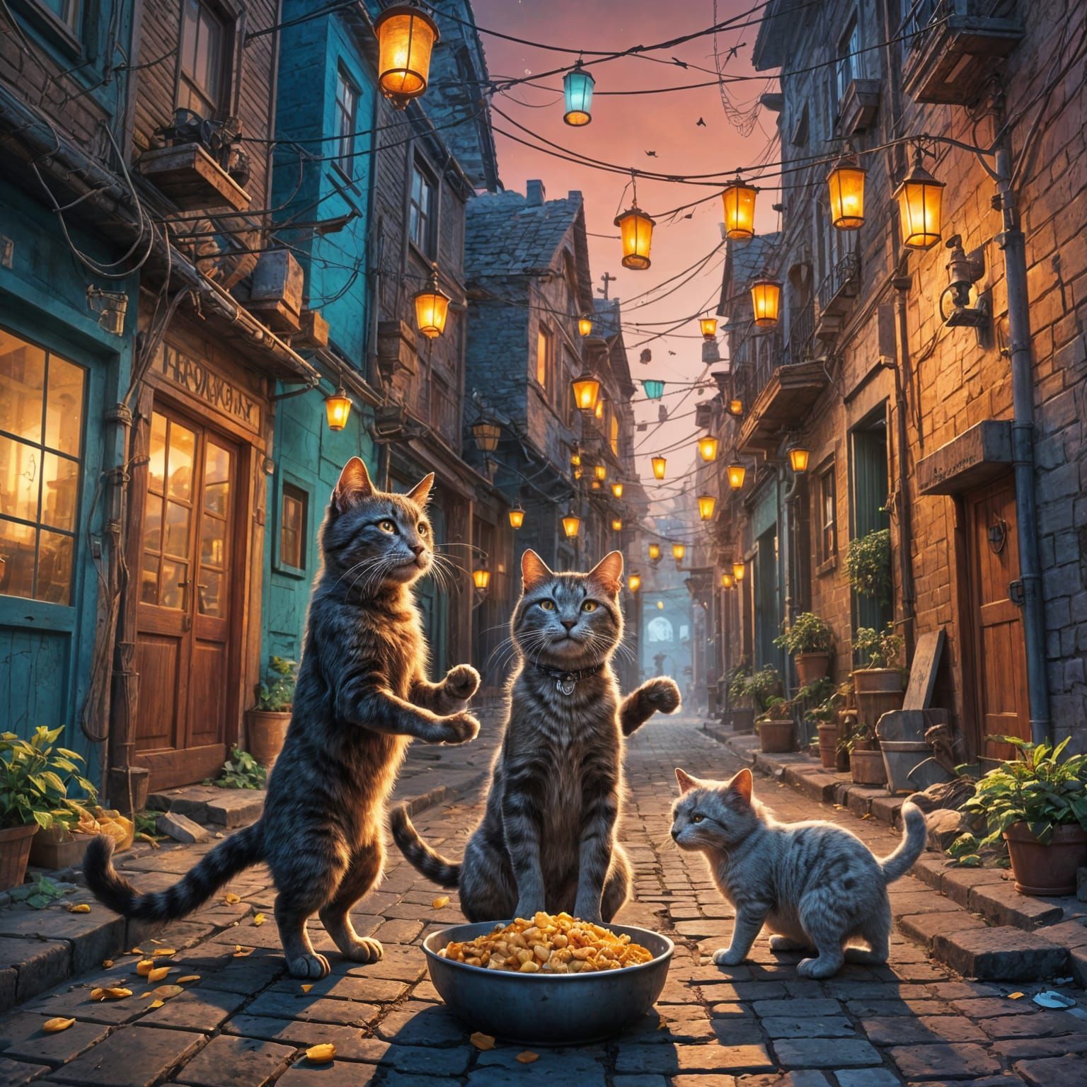 Cats Fighting Over Food: Detailed Matte Painting