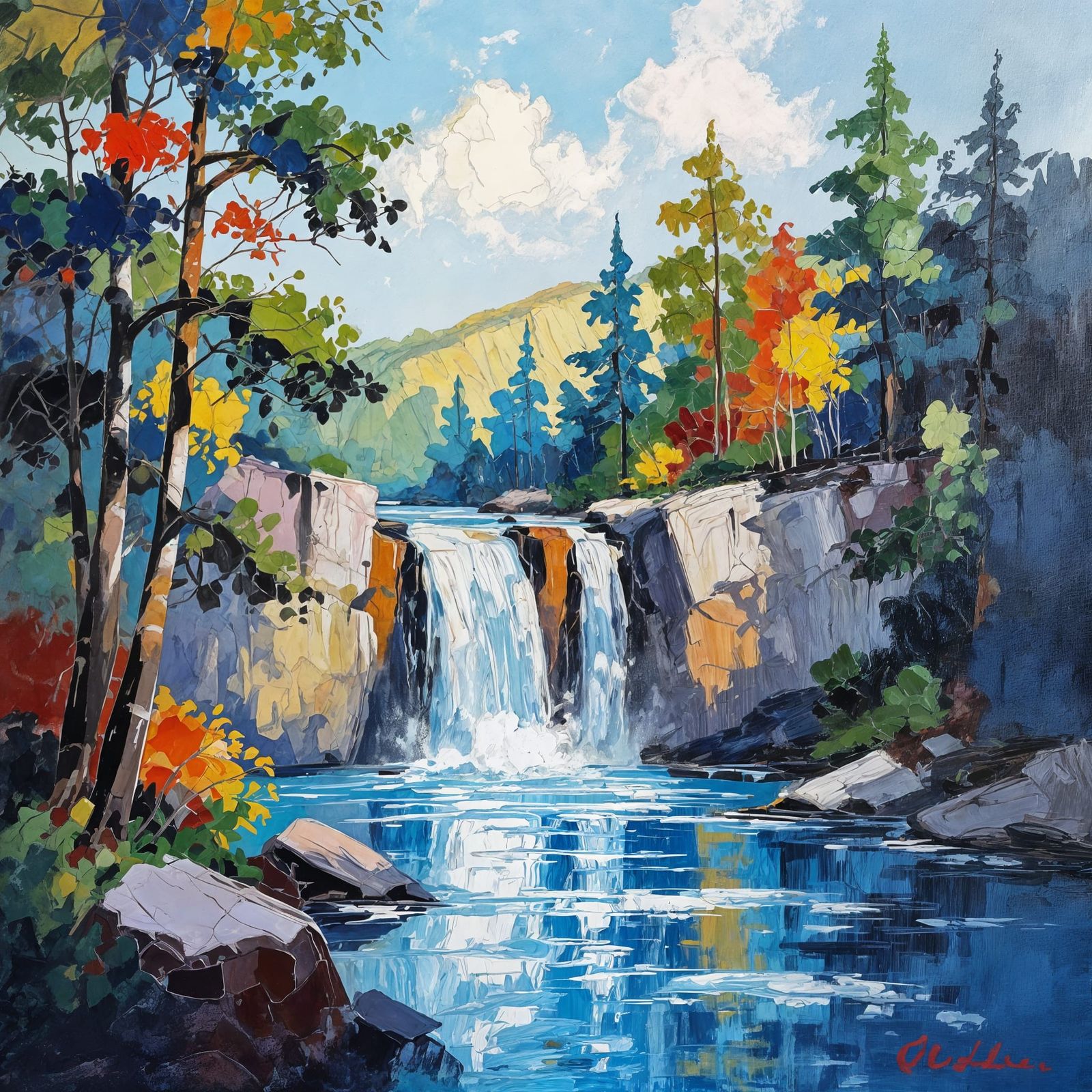 Majestic Waterfall Cascading Down Cliffs in Gouache Style