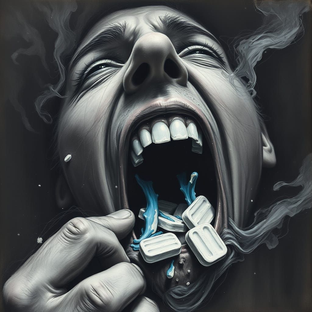 Person Chewing: Hyperdetailed Charcoal Drawing